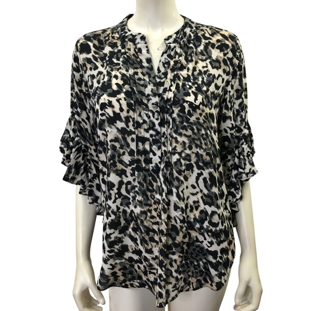 VINCE CAMUTO Leopard Print Ruffle Sleeve Blouse Womens Top S NWT